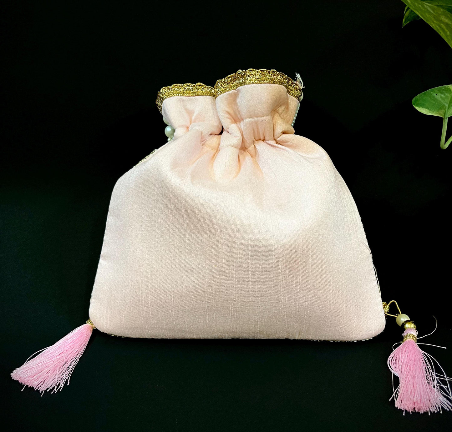 Blush Pink Handmade Potli Bag with Pearl Handle | Embroidered Bridal Clutch Purse | Wedding & Party Drawstring Handbag | Bridesmaid Gift Bag