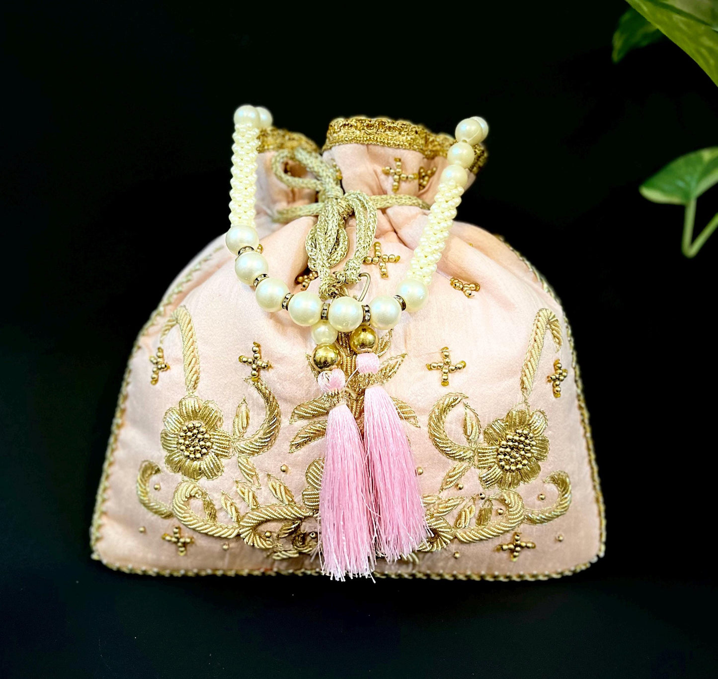 Blush Pink Handmade Potli Bag with Pearl Handle | Embroidered Bridal Clutch Purse | Wedding & Party Drawstring Handbag | Bridesmaid Gift Bag