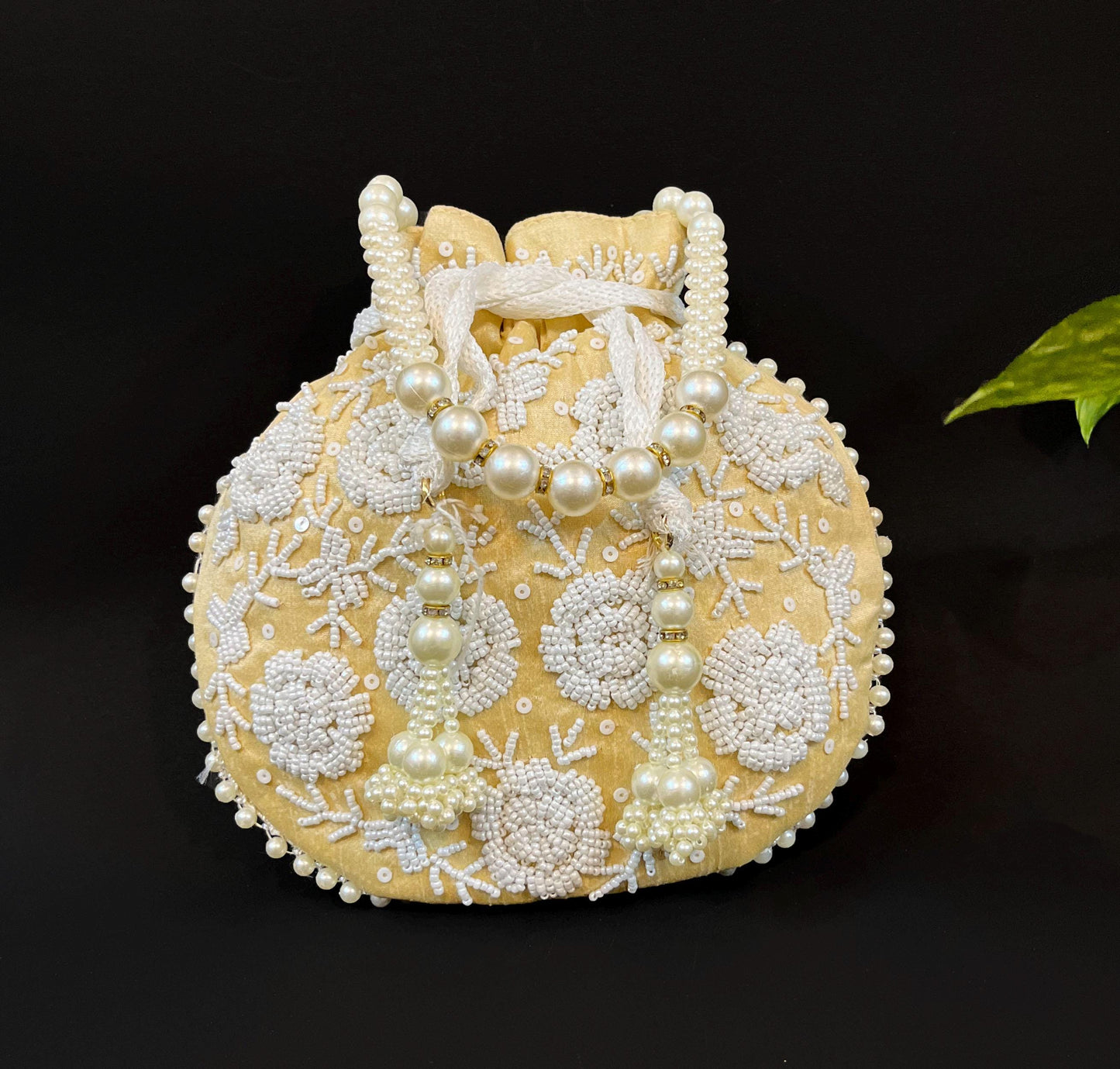 Beige Zardosi Potli Bag: Beaded Pearl Handle, Wedding Favor