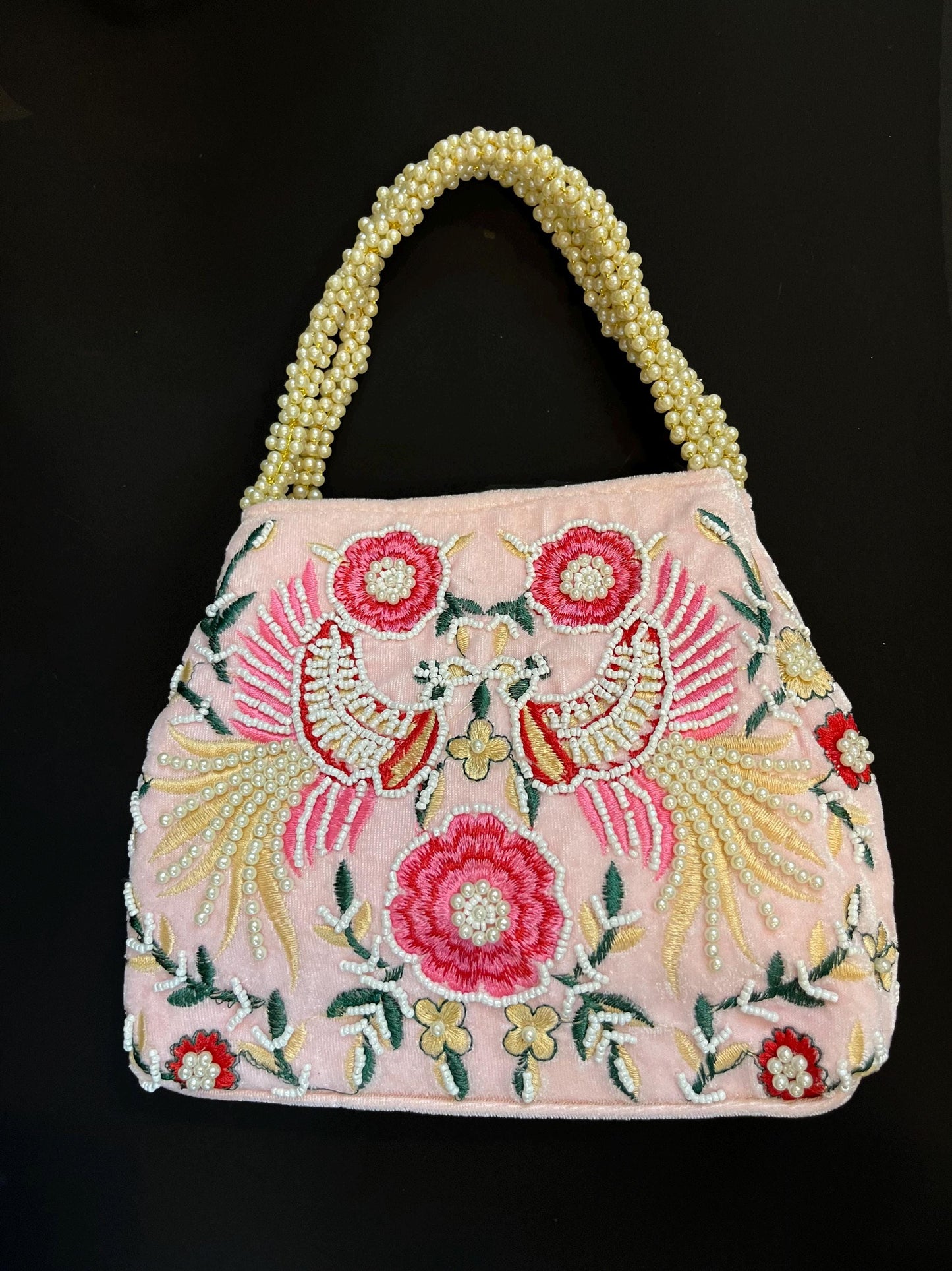 Hand Embroidered Pink Velvet Potli Bag: Pearl Handle Clutch