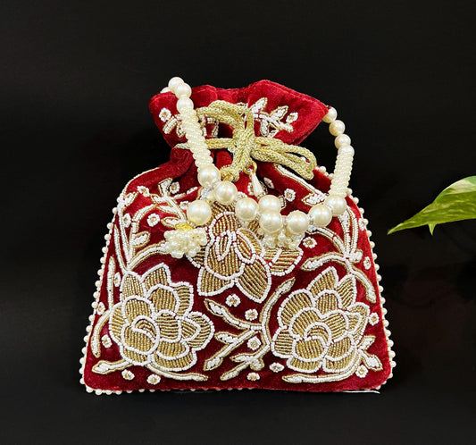 Embroidered Bridal Potli Bag: Maroon Beaded Wedding Purse with Pearl Handle
