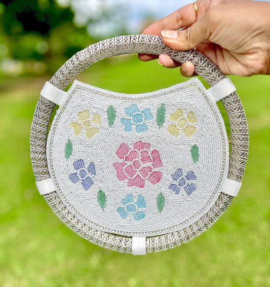 White Beaded Floral Handbag: Round Wedding Clutch with Sling Chain