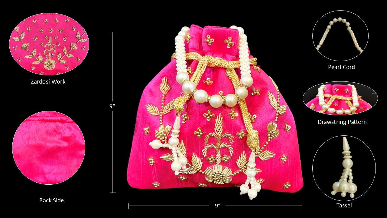 Pink Zardosi Potli Bag: Indian Wedding Favor Bridal Purse