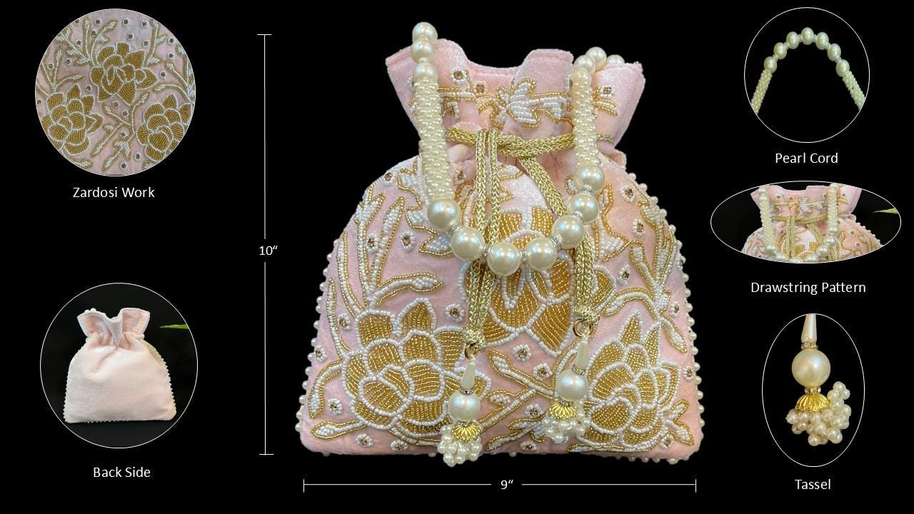 Embroidered Bridal Potli Bag: Pink Beaded Wedding Purse with Pearl Handle