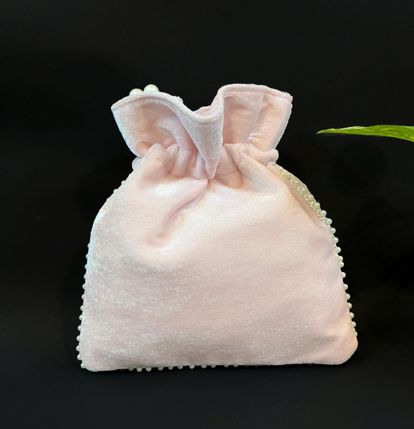 Embroidered Bridal Potli Bag: Pink Beaded Wedding Purse with Pearl Handle