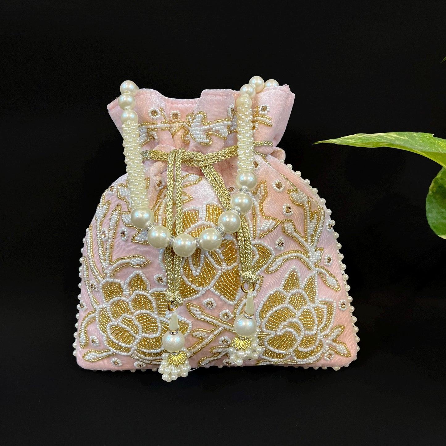 Embroidered Bridal Potli Bag: Pink Beaded Wedding Purse with Pearl Handle