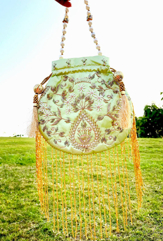 Green Zardosi Potli Bag: Beaded Indian Wedding Favor Purse