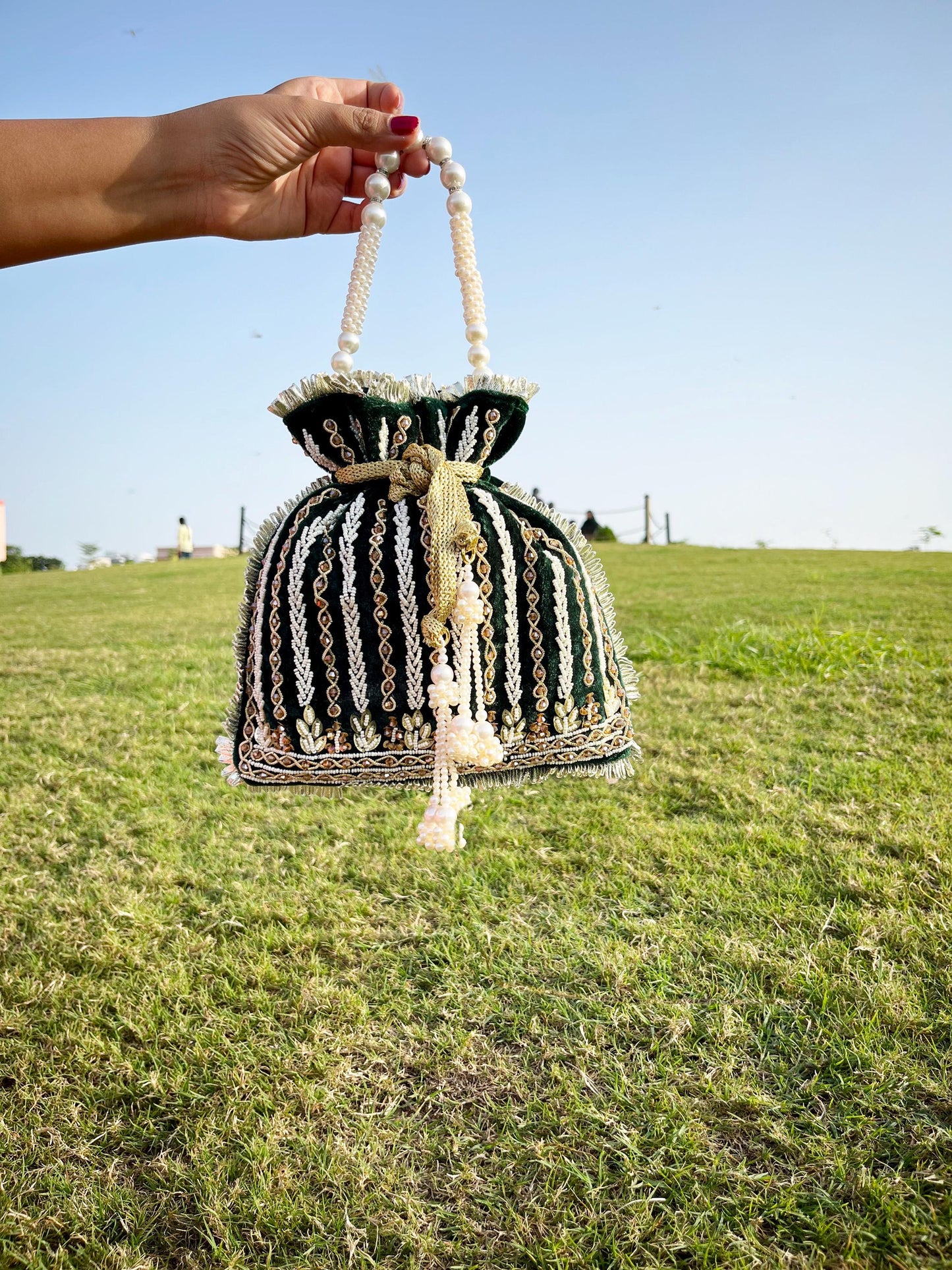 Emerald Green Velvet Beaded Potli Bag: Handcrafted Party Favor