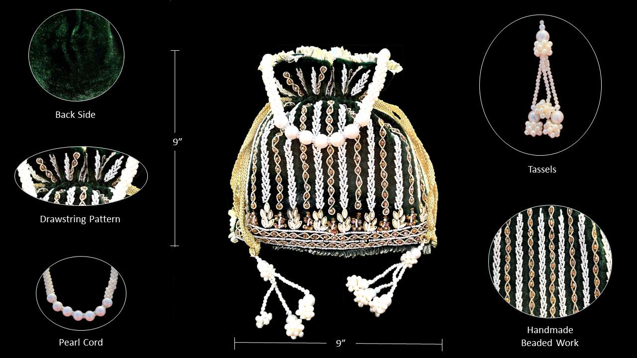 Emerald Green Velvet Beaded Potli Bag: Handcrafted Party Favor