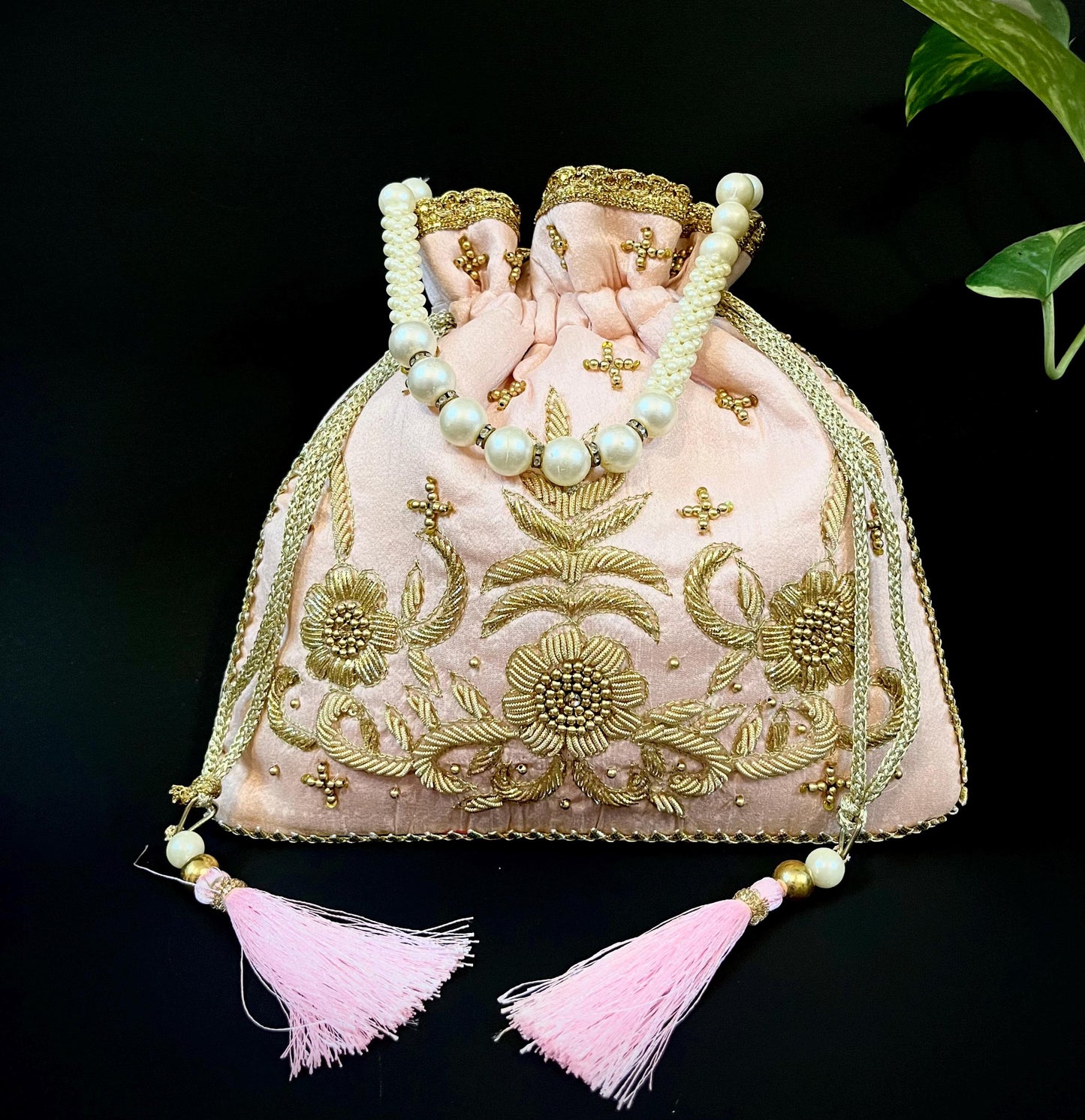 Blush Pink Handmade Potli Bag with Pearl Handle | Embroidered Bridal Clutch Purse | Wedding & Party Drawstring Handbag | Bridesmaid Gift Bag