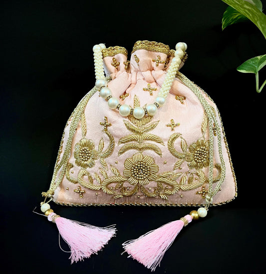 Blush Pink Handmade Potli Bag with Pearl Handle | Embroidered Bridal Clutch Purse | Wedding & Party Drawstring Handbag | Bridesmaid Gift Bag