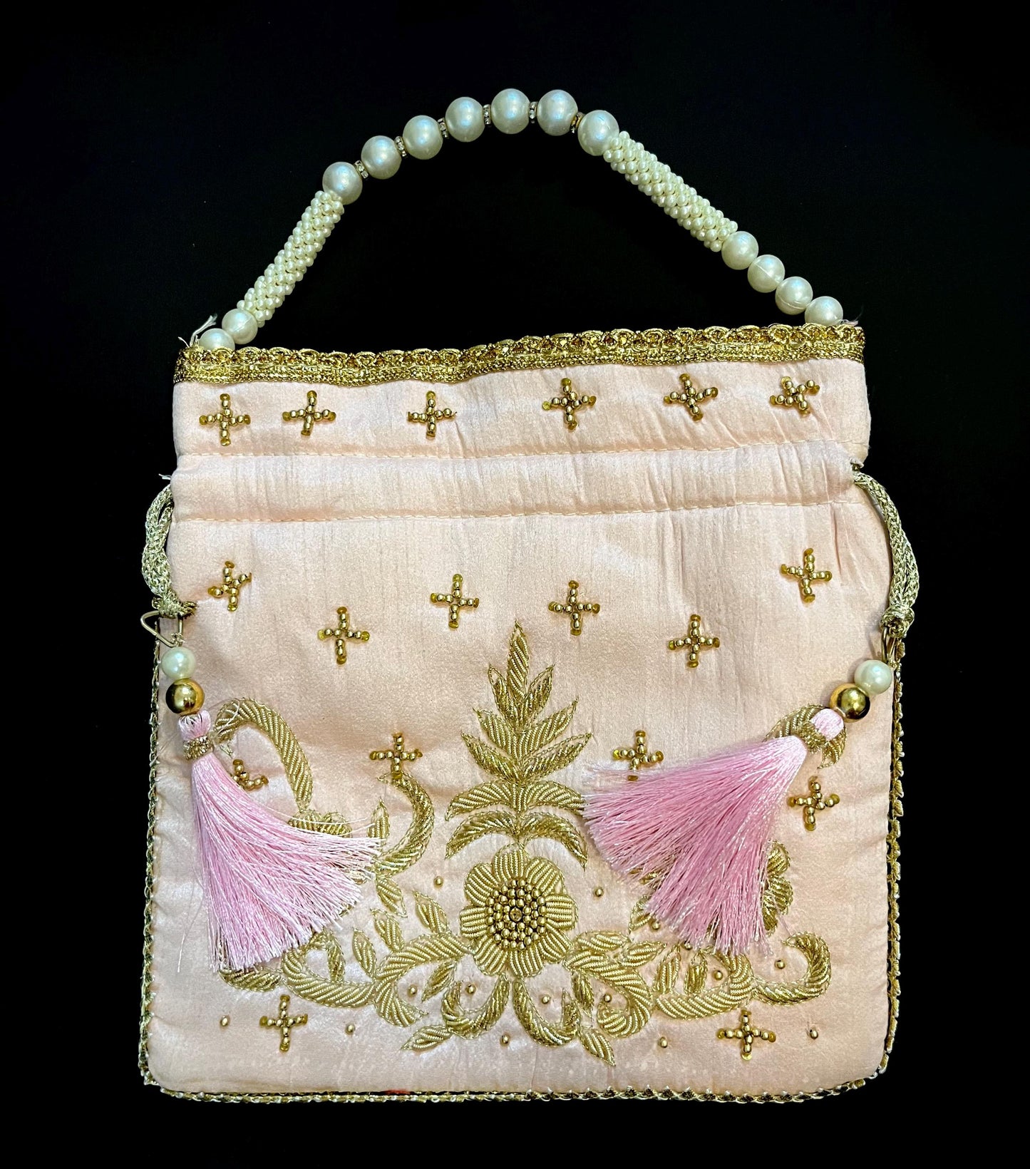 Blush Pink Handmade Potli Bag with Pearl Handle | Embroidered Bridal Clutch Purse | Wedding & Party Drawstring Handbag | Bridesmaid Gift Bag