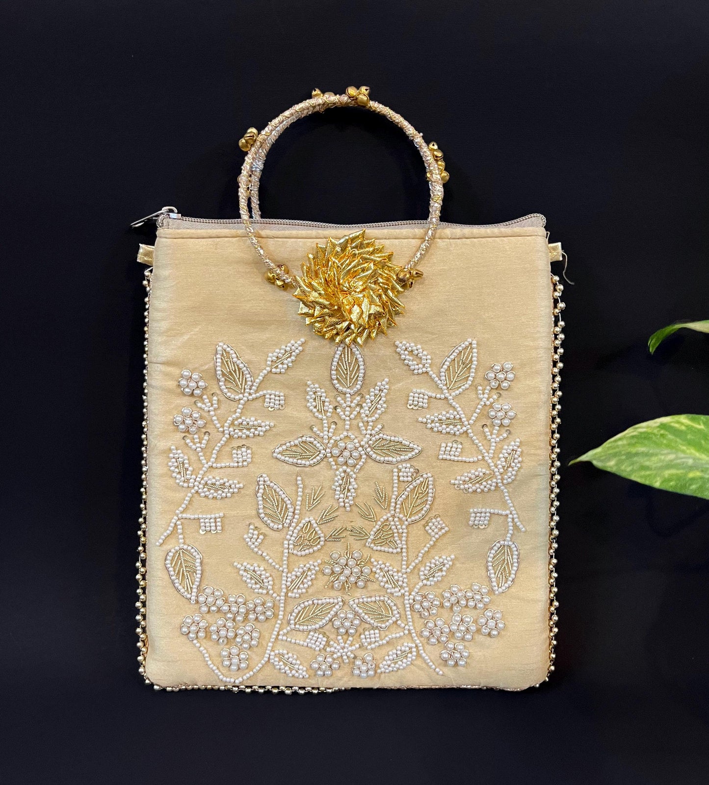 Embroidered Bridal Clutch: Handmade Beaded Wedding Handbag, Beige Potli Bag