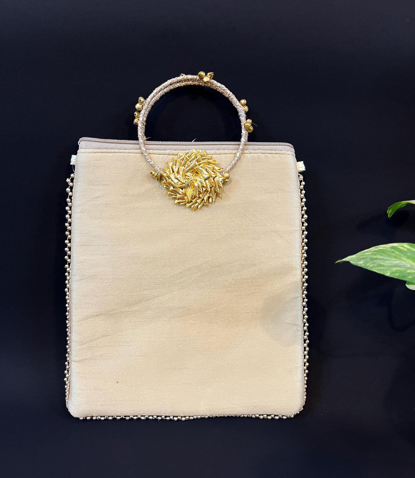 Embroidered Bridal Clutch: Handmade Beaded Wedding Handbag, Beige Potli Bag