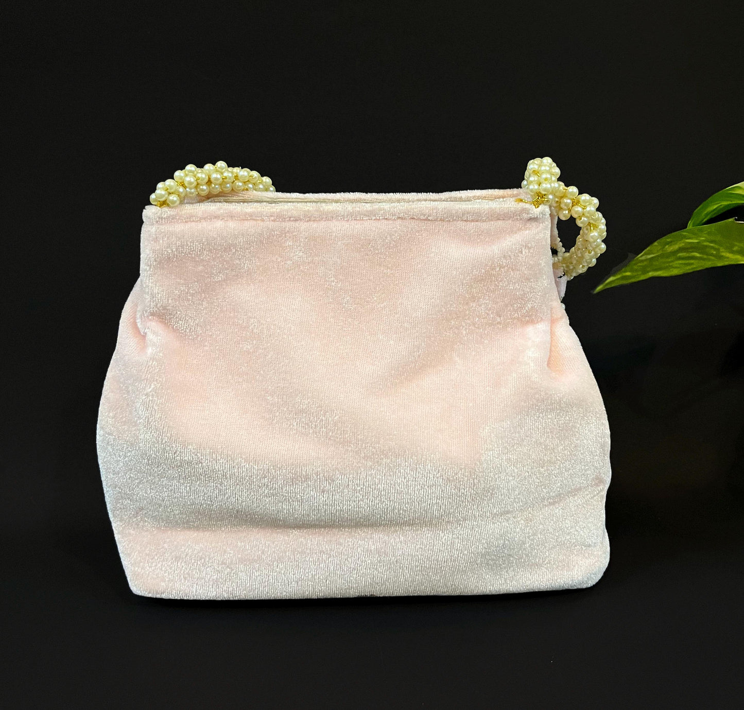 Hand Embroidered Pink Velvet Potli Bag: Pearl Handle Clutch