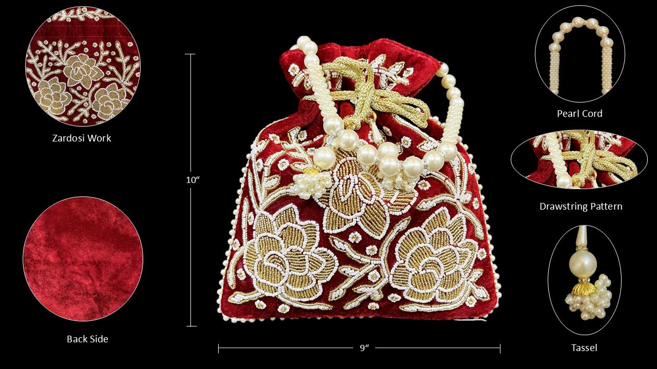 Embroidered Bridal Potli Bag: Maroon Beaded Wedding Purse with Pearl Handle