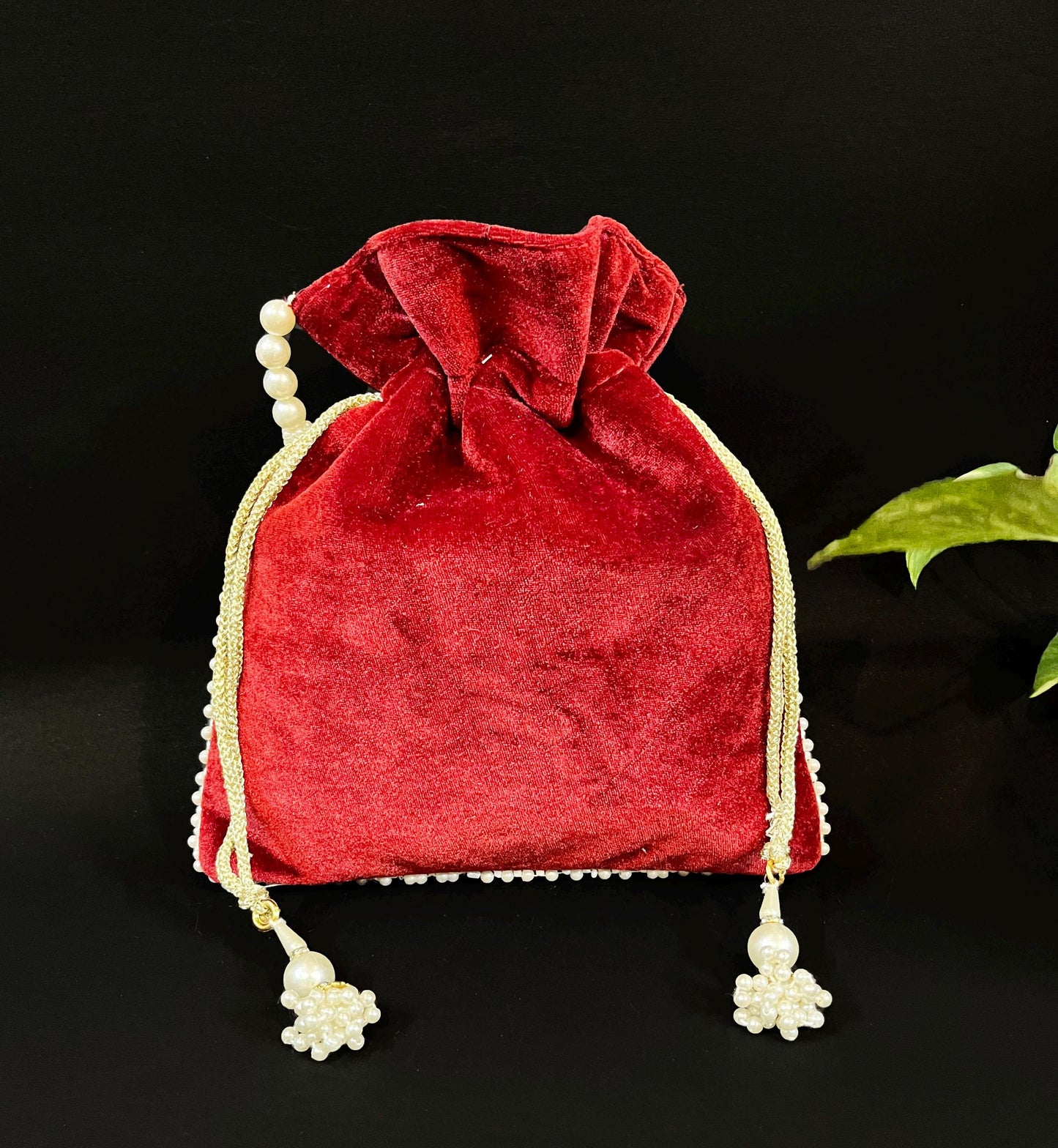 Embroidered Bridal Potli Bag: Maroon Beaded Wedding Purse with Pearl Handle
