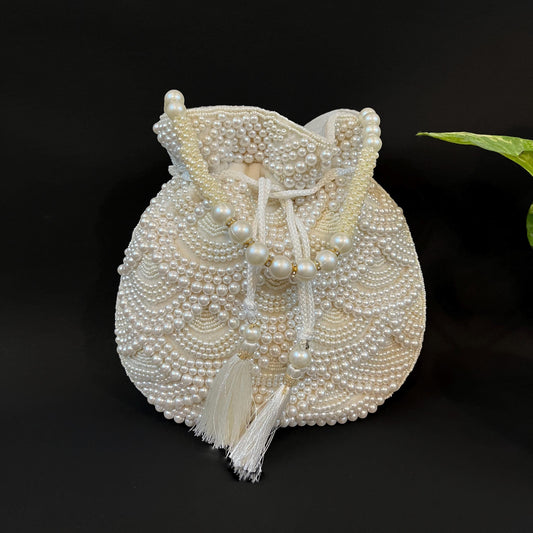 Designer Off White Color Handcrafted Pearl Potli Bag, Pouch Potli Bag, Peora Potli Purse, Clutch, Wedding Favor, Bridesmaid, Gift, Wristlet