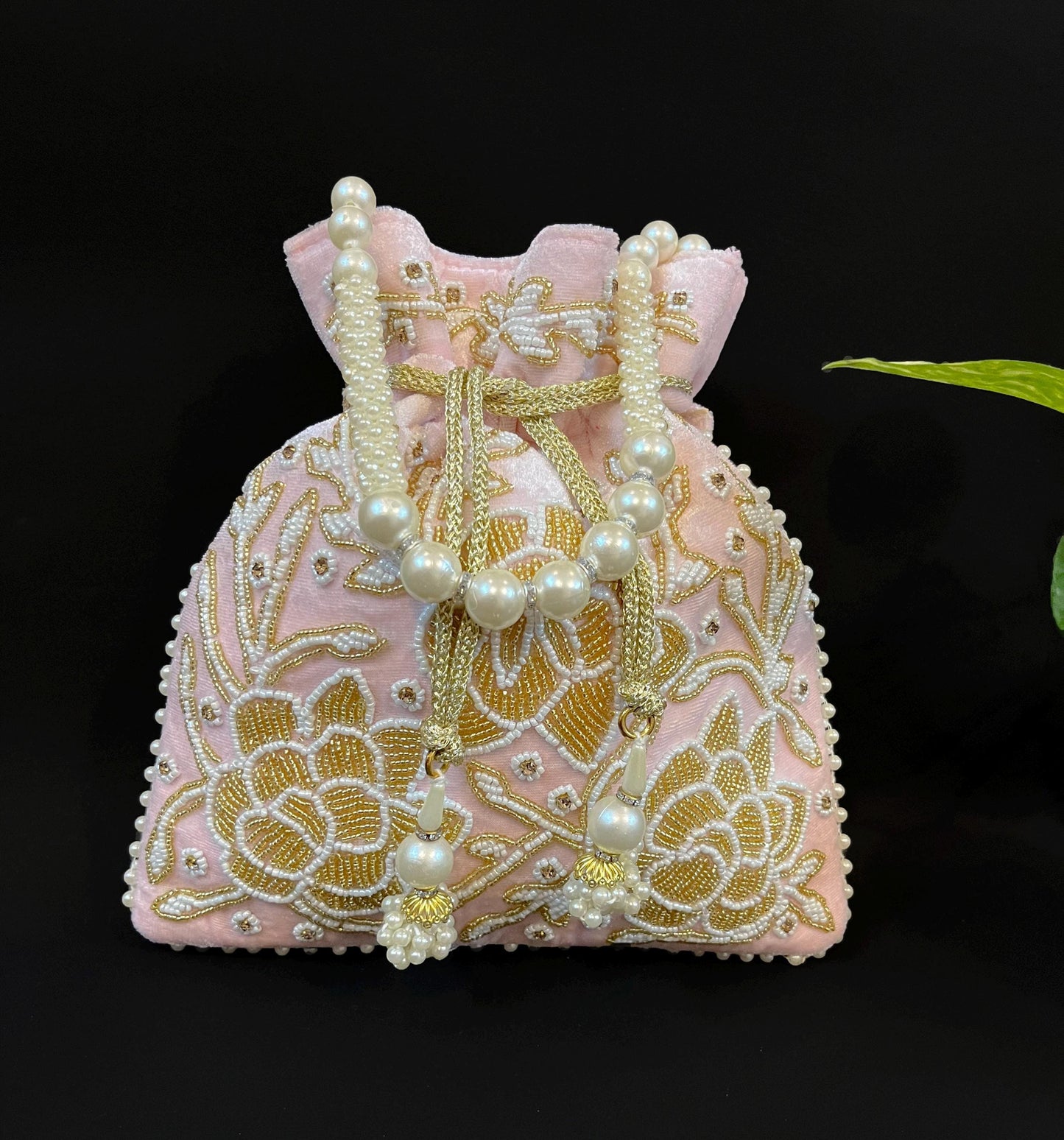 Embroidered Bridal Potli Bag: Pink Beaded Wedding Purse with Pearl Handle