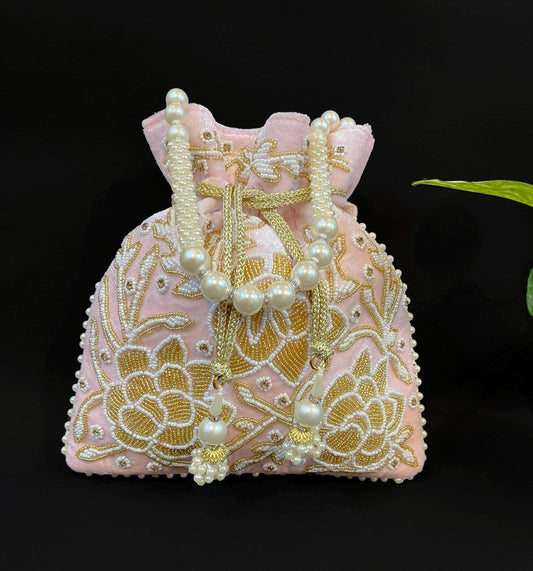 Embroidered Bridal Potli Bag: Pink Beaded Wedding Purse with Pearl Handle