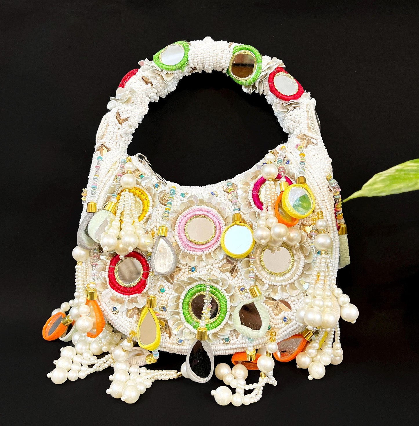 Designer White Beaded Mirror  Rainbow Moon Shape Wedding/ Party/ Bridal Bag