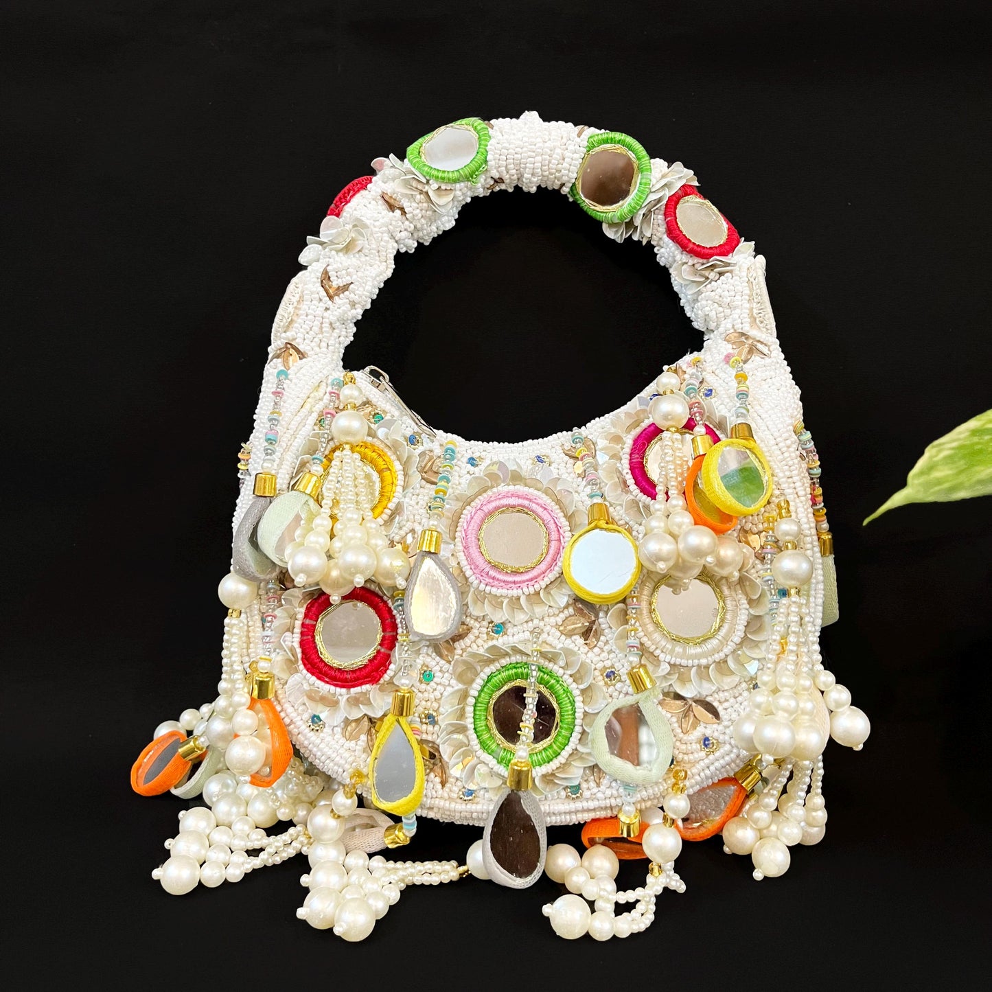 Designer White Beaded Mirror  Rainbow Moon Shape Wedding/ Party/ Bridal Bag