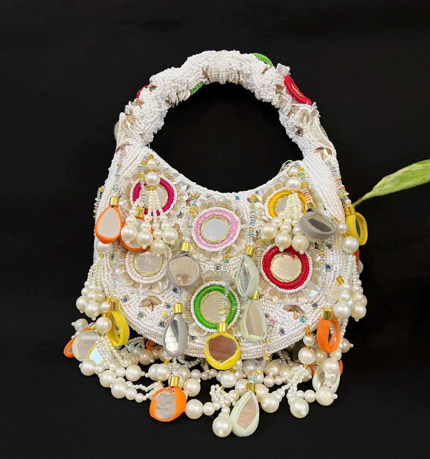 Designer White Beaded Mirror  Rainbow Moon Shape Wedding/ Party/ Bridal Bag