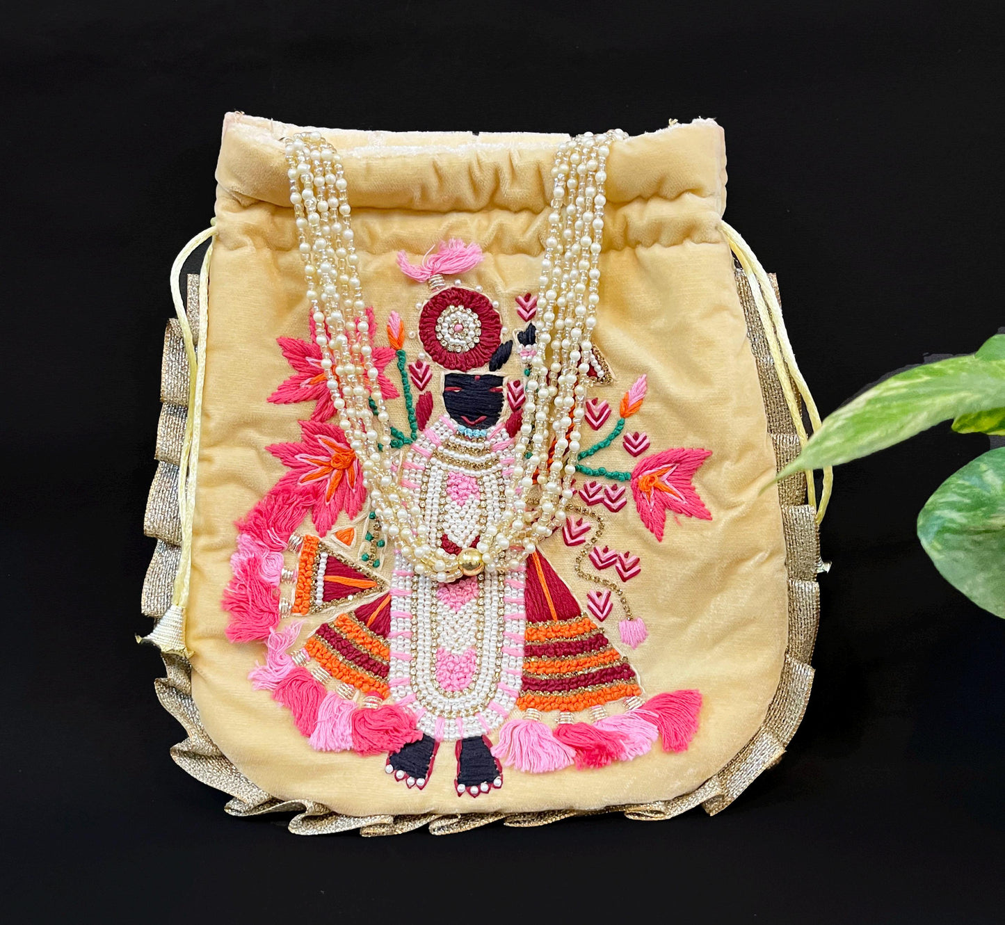 Hand embroidered Shreenath ji Velvet Beige Potli Bag for all Occasions