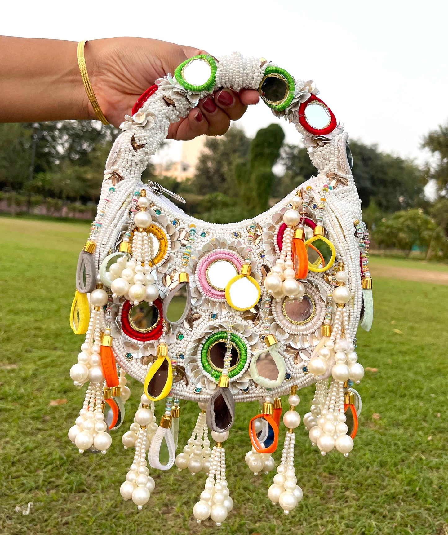 Designer White Beaded Mirror  Rainbow Moon Shape Wedding/ Party/ Bridal Bag