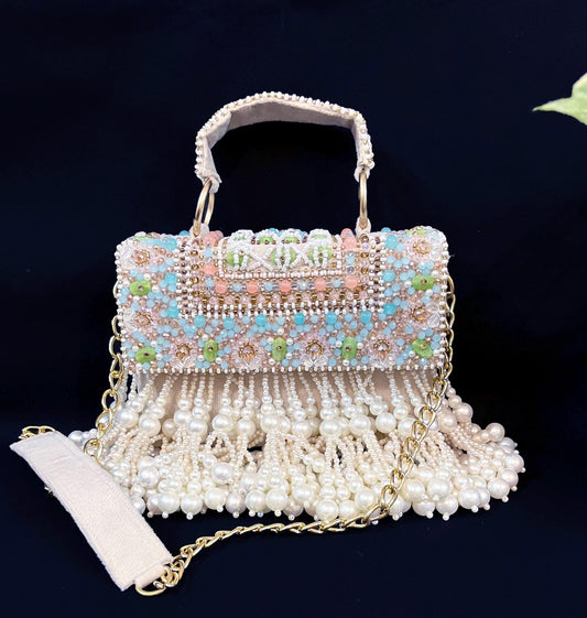 Handmade Beaded Pearl Fringe Clutch Bag | Designer Wedding Handbag | Bridal Party Purse with Chain Strap | Luxury Evening Shoulder Bag