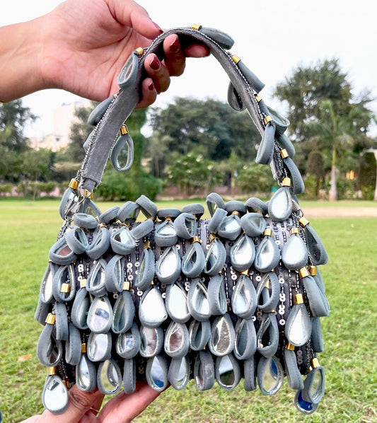 Grey Mirror Sequence Clutch bag with Magnetic Closure for Bridal and wedding