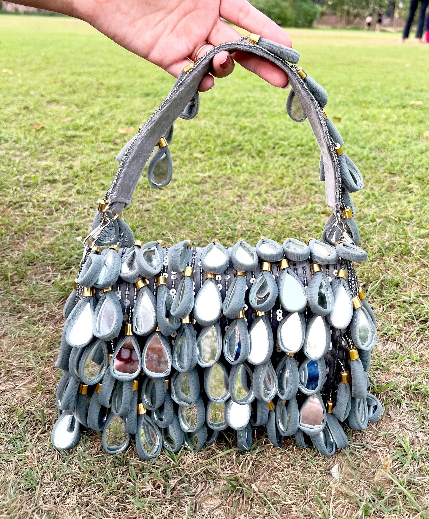 Grey Mirror Sequence Clutch bag with Magnetic Closure for Bridal and wedding