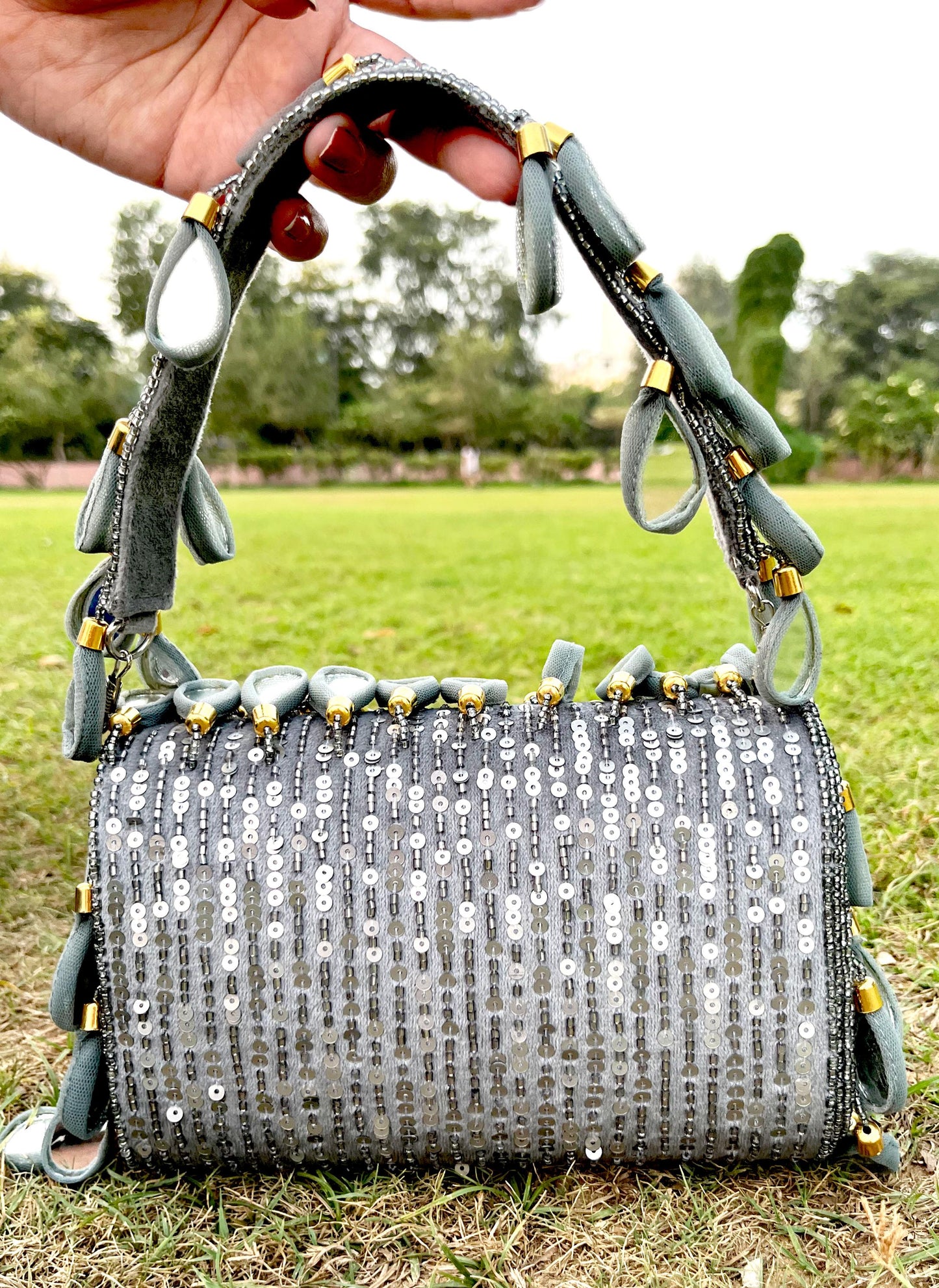 Grey Mirror Sequence Clutch bag with Magnetic Closure for Bridal and wedding