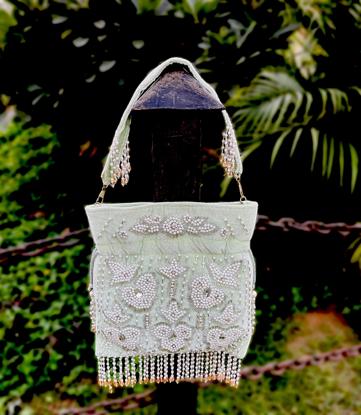 Handcrafted Beaded Potli Bag: Green Bridal Clutch