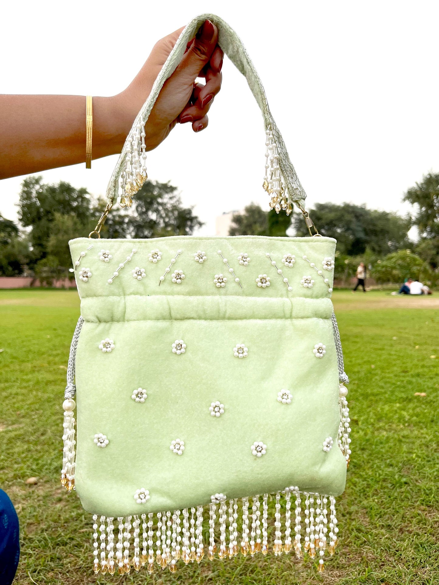 Handcrafted Beaded Potli Bag: Green Bridal Clutch