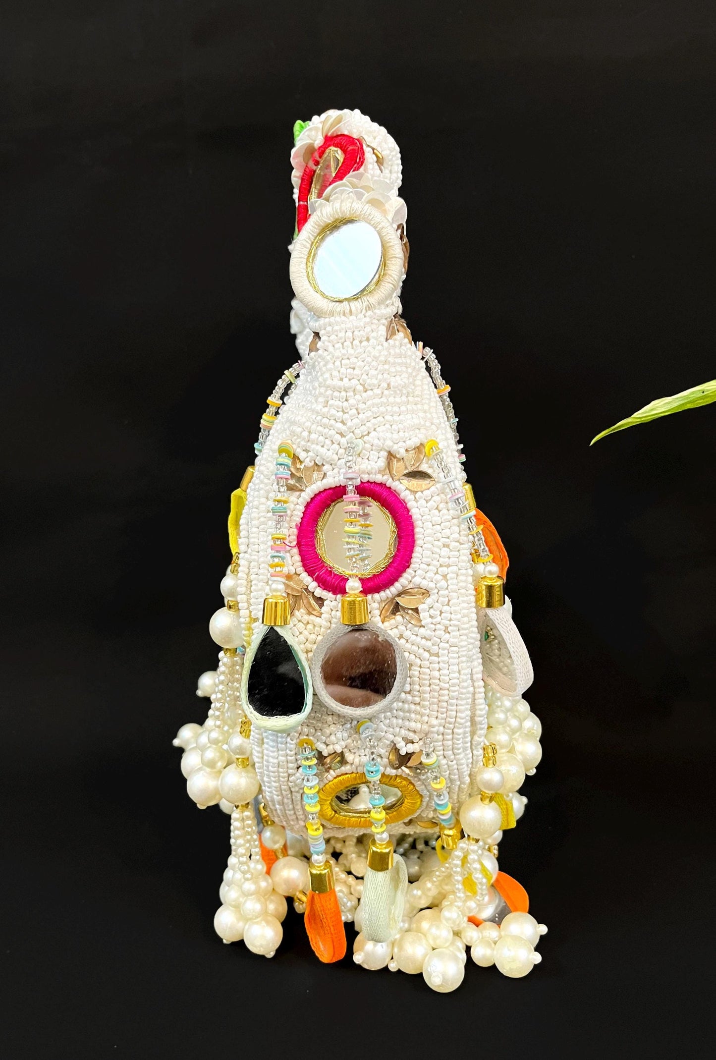 Designer White Beaded Mirror  Rainbow Moon Shape Wedding/ Party/ Bridal Bag