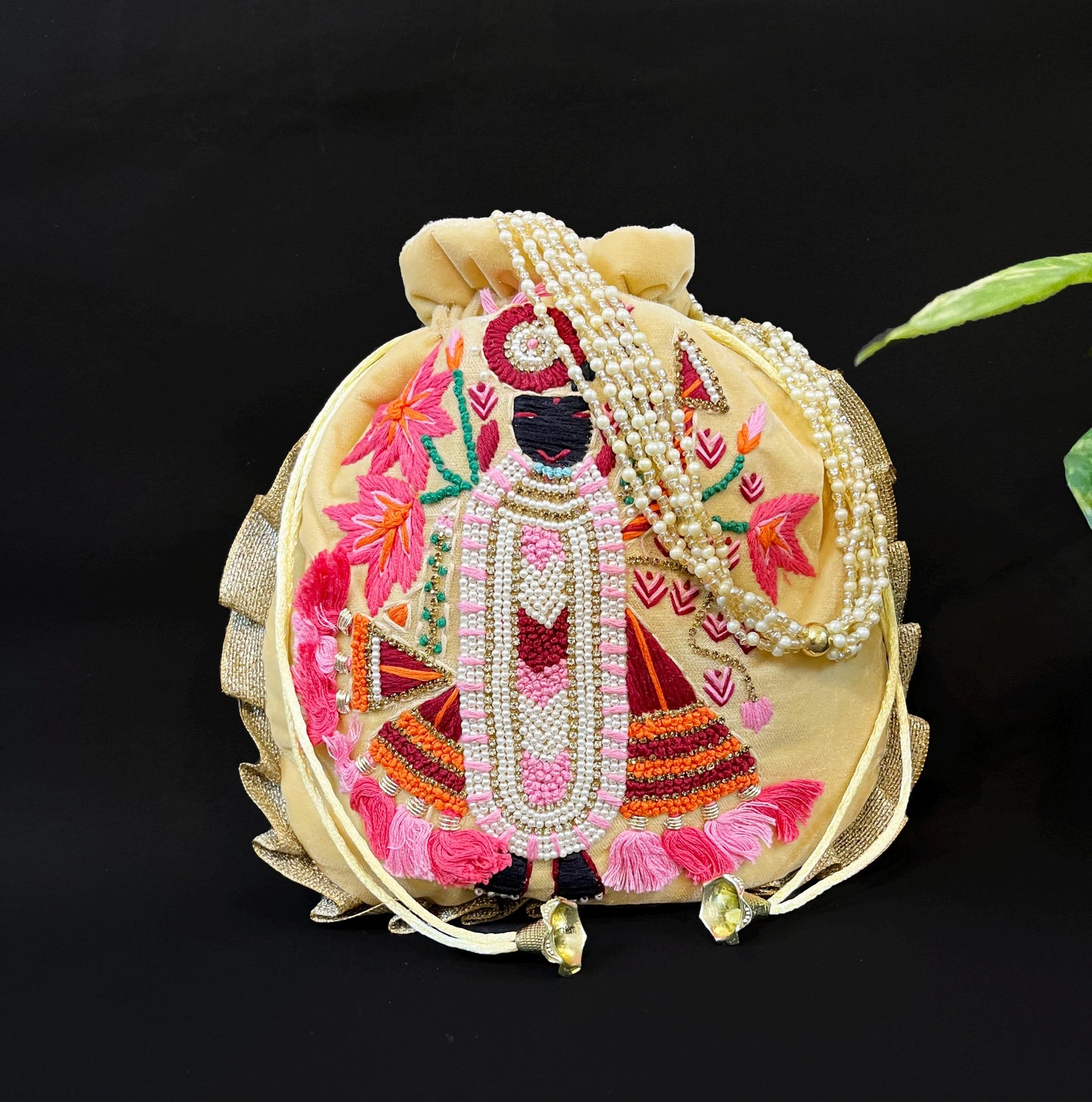 Hand embroidered Shreenath ji Velvet Beige Potli Bag for all Occasions