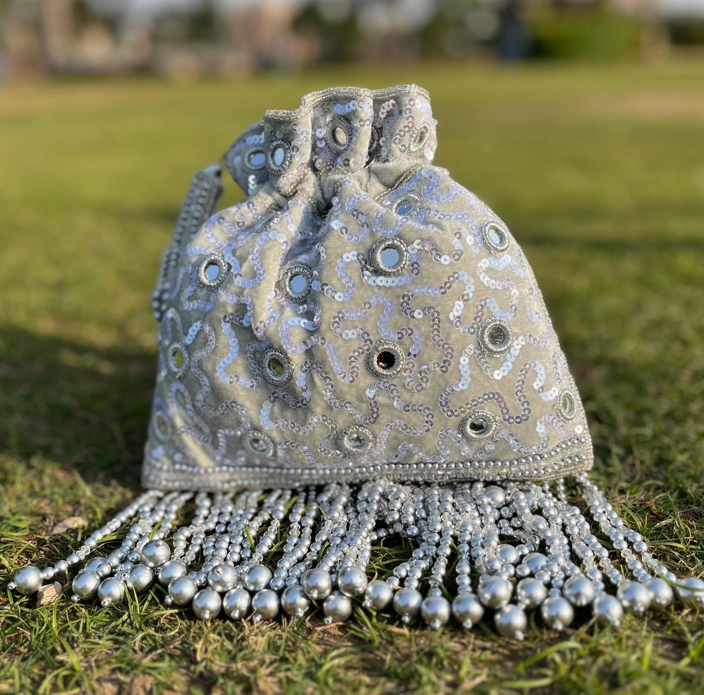 Handcrafted Gray Mirror Potli Bag: Bridal Wristlet Gift