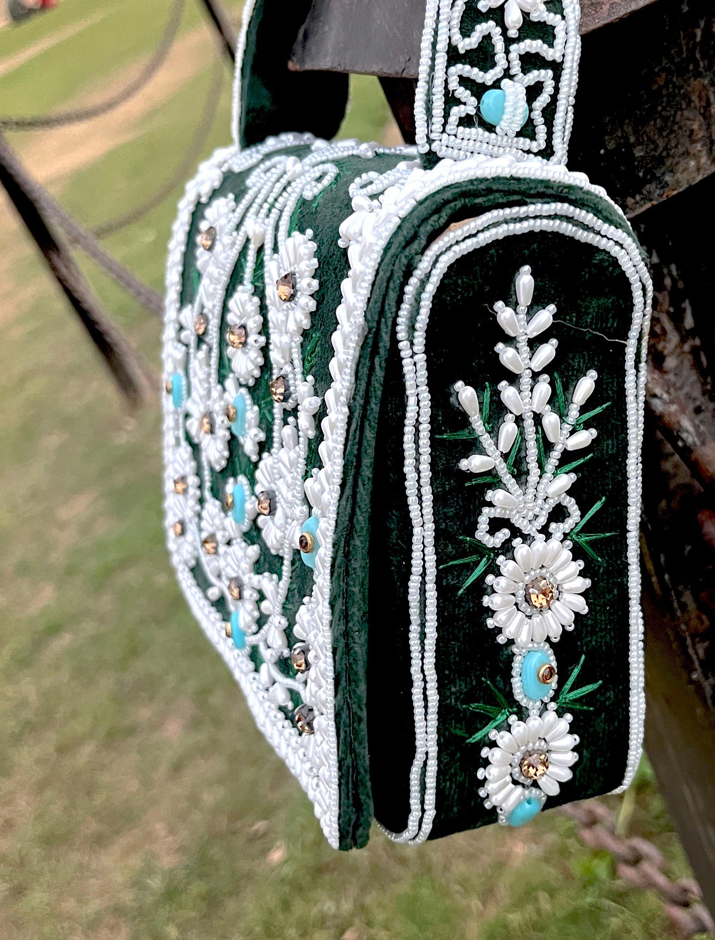 Green Floral Beaded Wedding Clutch: Embroidered Bridal Bag