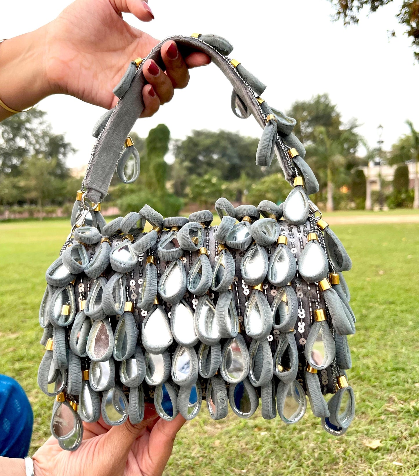 Grey Mirror Sequence Clutch bag with Magnetic Closure for Bridal and wedding