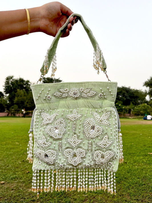Handcrafted Beaded Potli Bag: Green Bridal Clutch