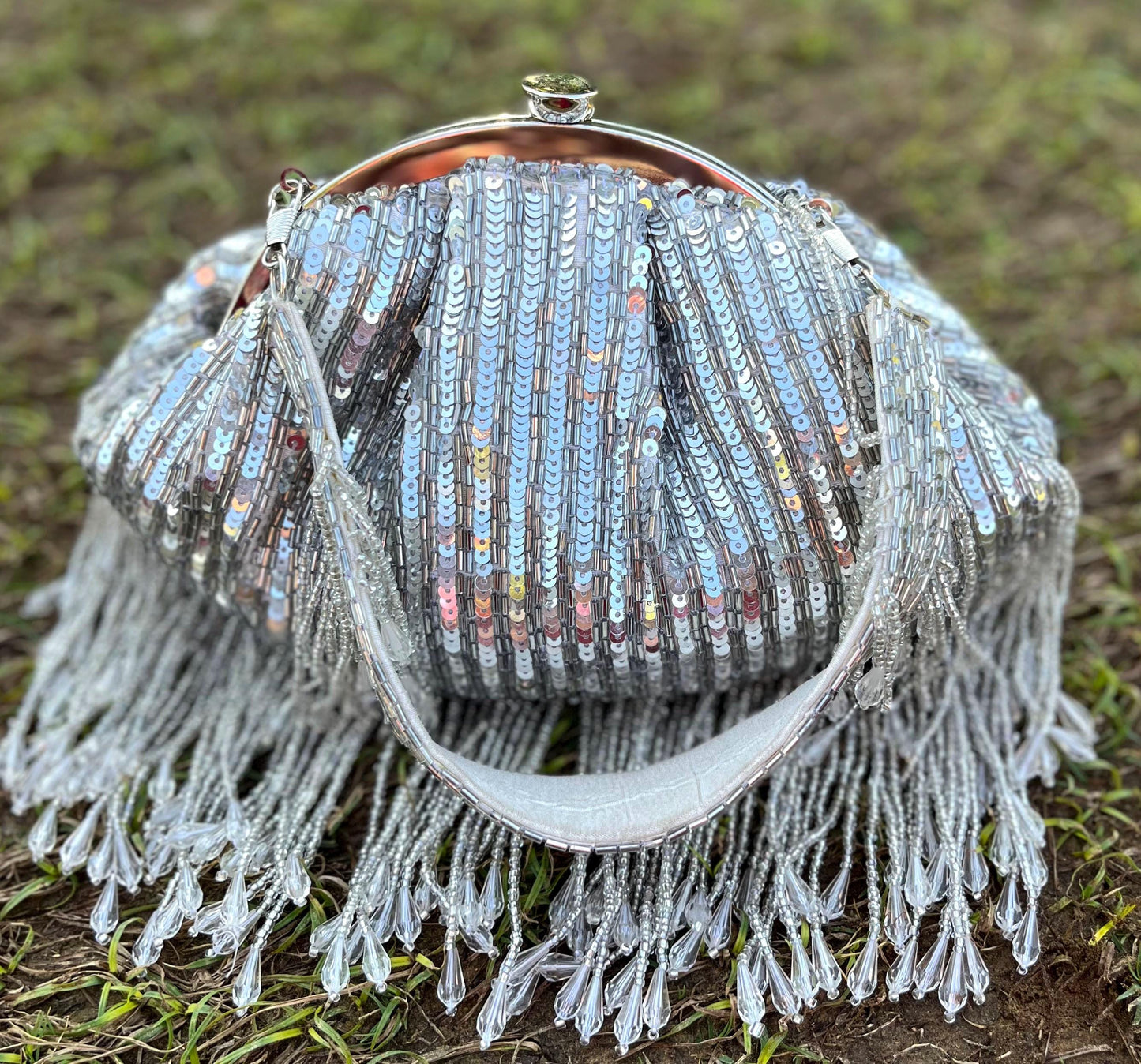 Handmade Silver Sequin Handbag: Beaded Indian Bridal Purse