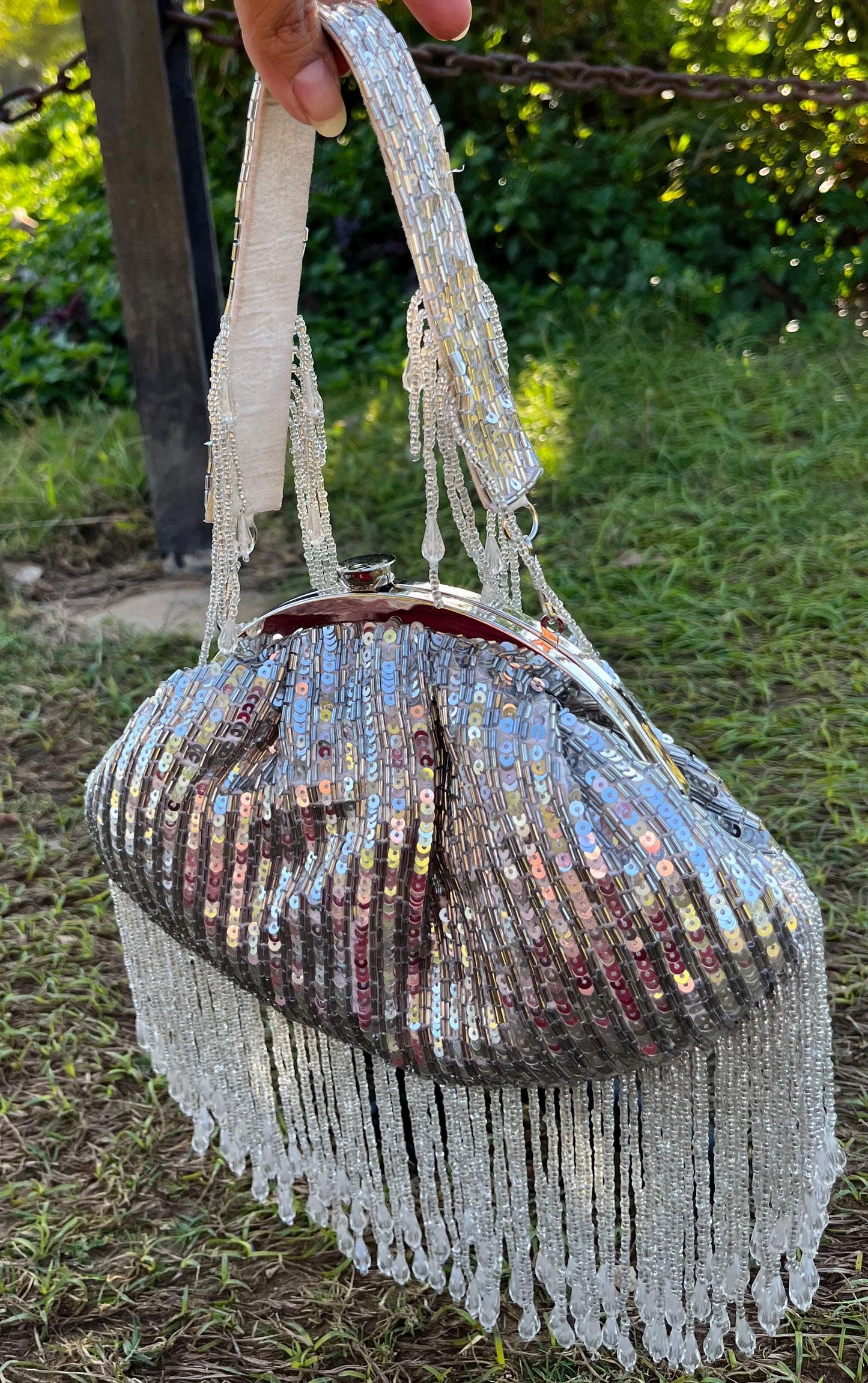 Handmade Silver Sequin Handbag: Beaded Indian Bridal Purse