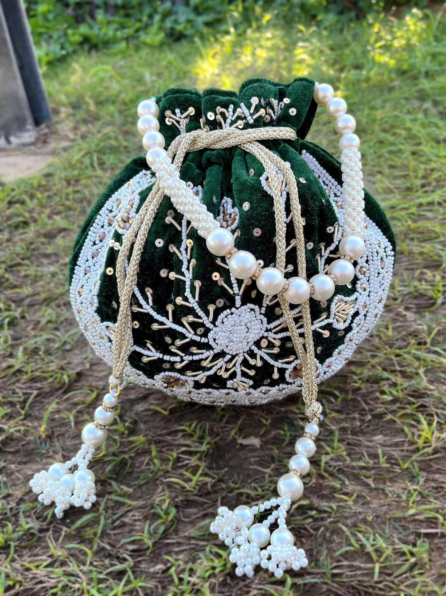 Embroidered Bridal Potli Bag: Green Velvet Wedding Purse with Pearl Handle