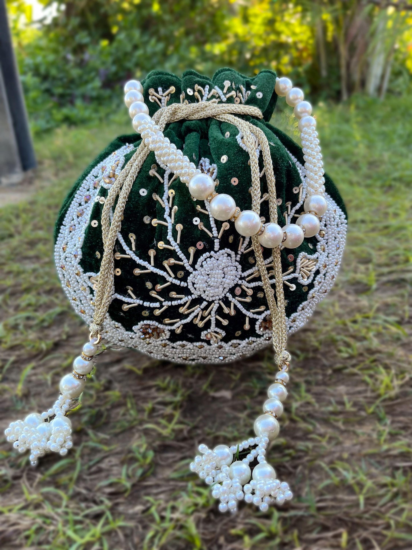 Embroidered Bridal Potli Bag: Green Velvet Wedding Purse with Pearl Handle