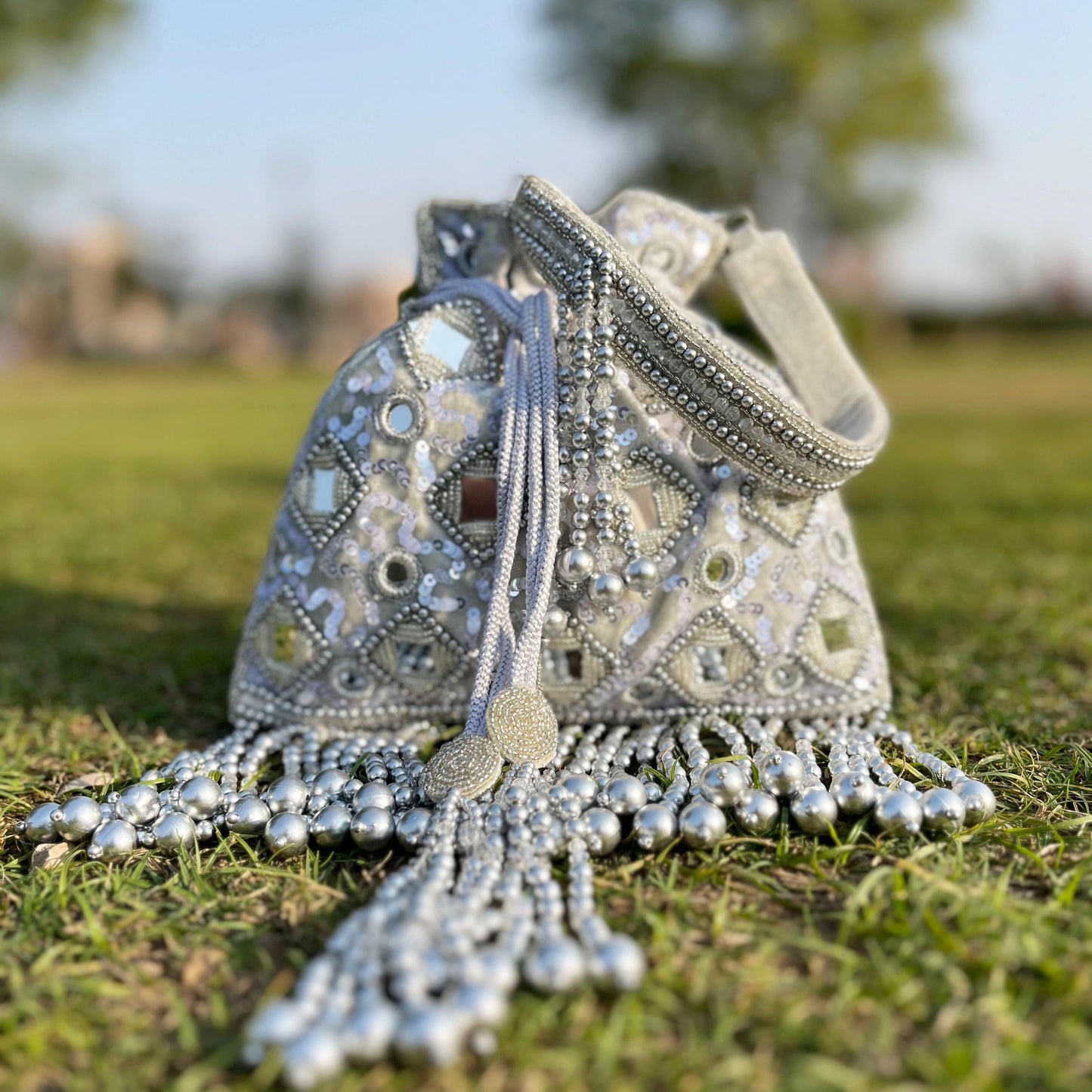 Handcrafted Gray Mirror Potli Bag: Bridal Wristlet Gift