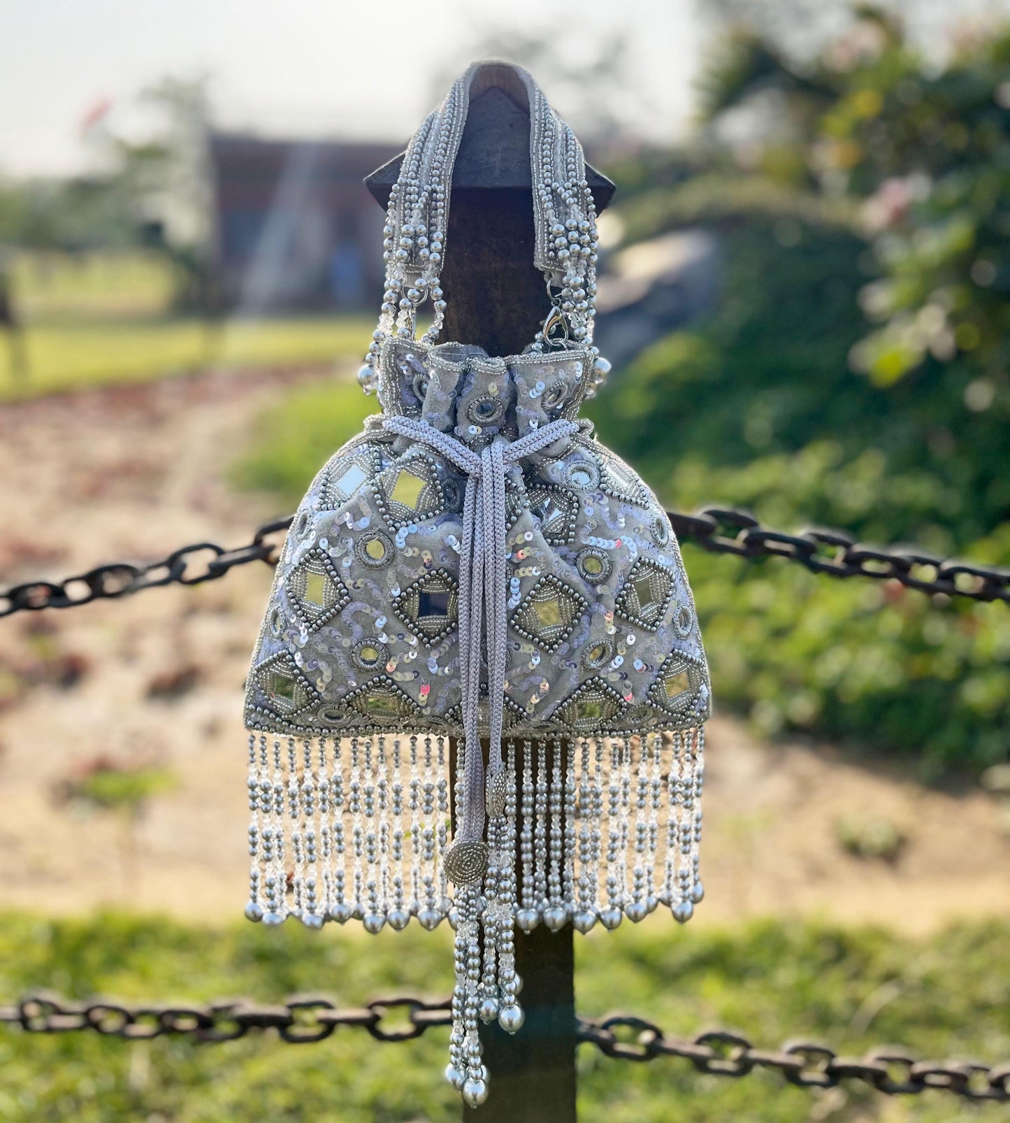 Handcrafted Gray Mirror Potli Bag: Bridal Wristlet Gift