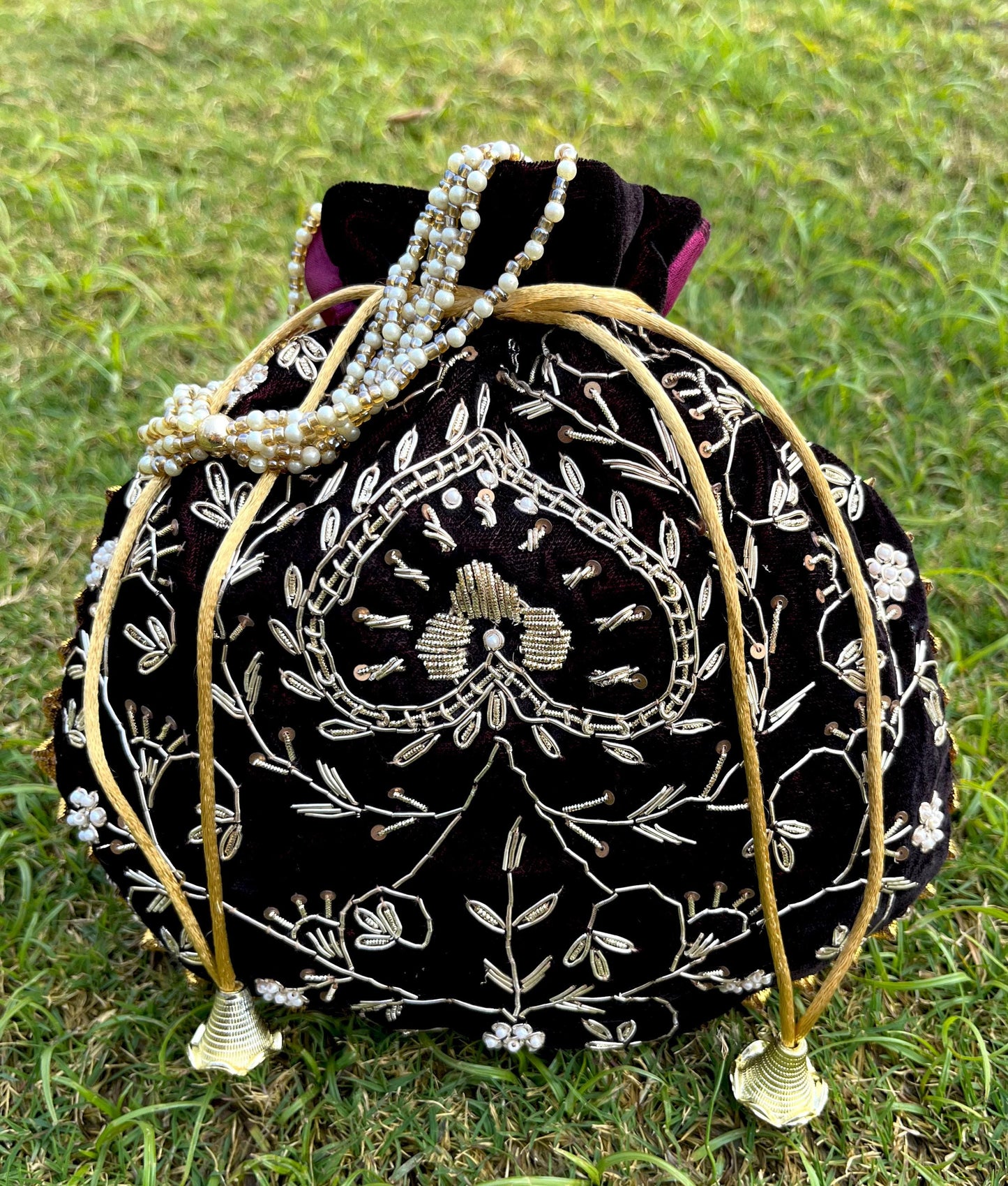 Wine Zardosi Potli Bag: Indian Wedding Favor Bridal Purse
