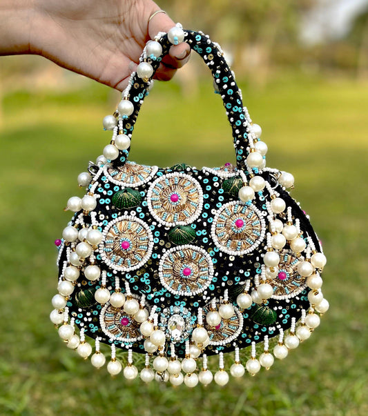 Indian Designer Floral Black Beaded Flap Bag With Pearl Hangings and for Wedding / Party / Evening / Bridal