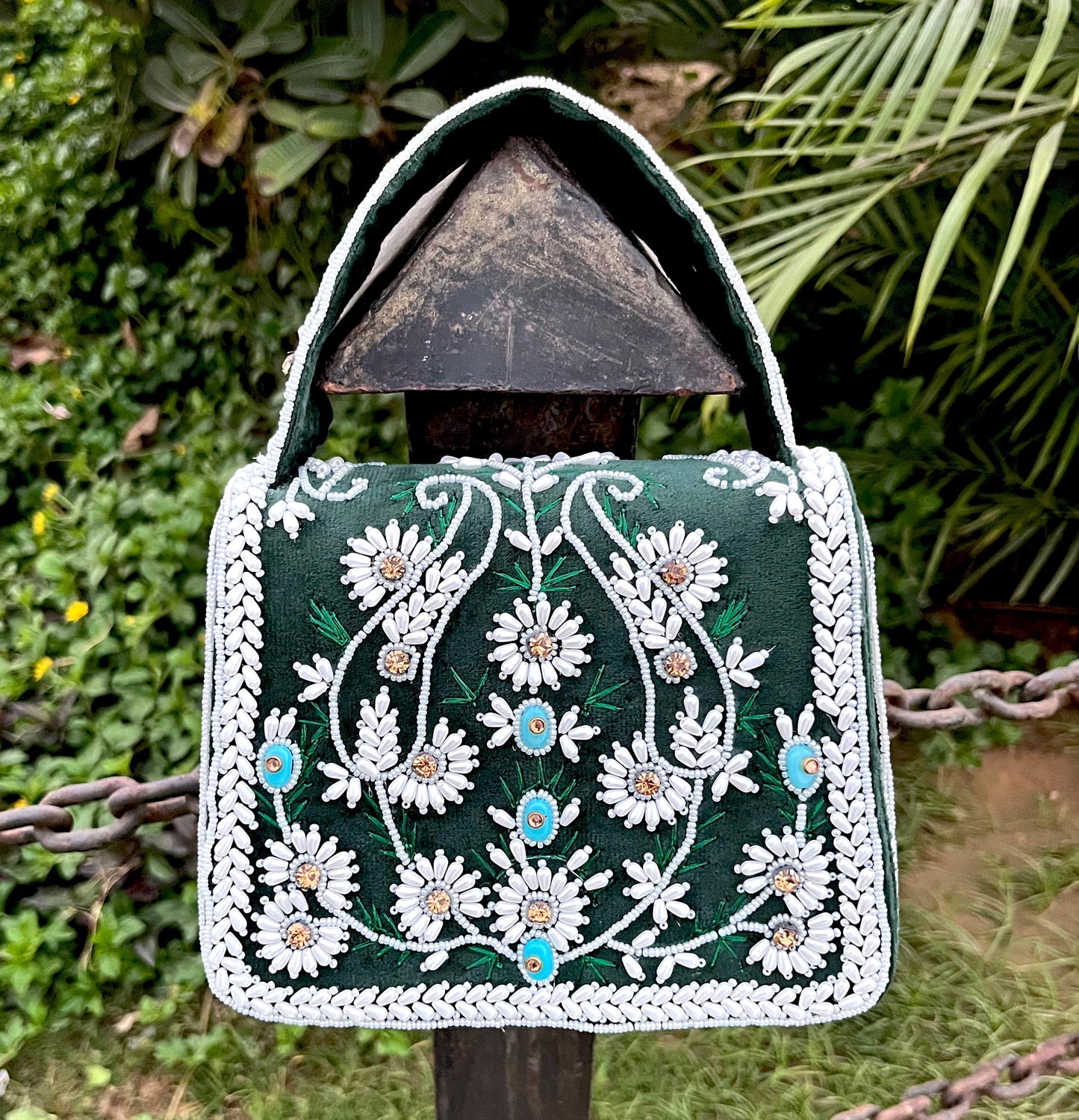 Green Floral Beaded Wedding Clutch: Embroidered Bridal Bag